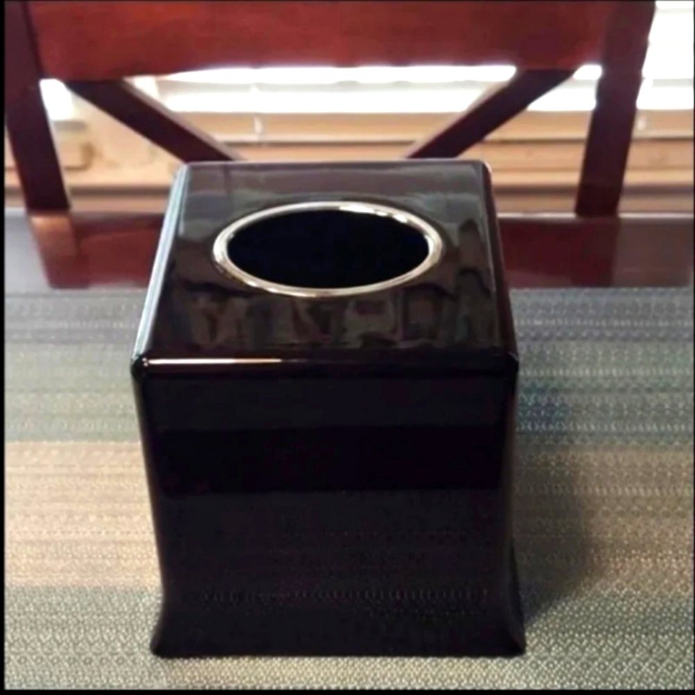 Black Polished Silver Top Tissue Box Cube - Made in the USA NWT